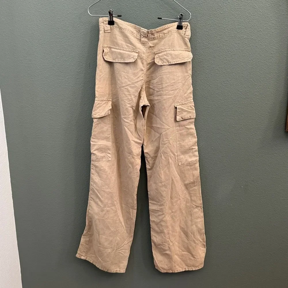 Y2K Zara Linen Blend Tan Cargo Wide Leg Pants Sz 4 Small